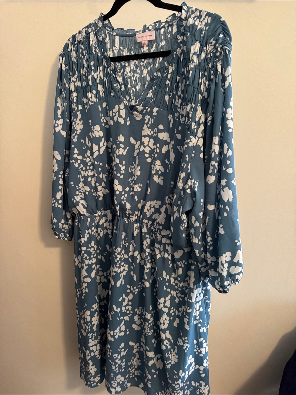 Blue Floral Smocked Yoke Long Sleeve Dress